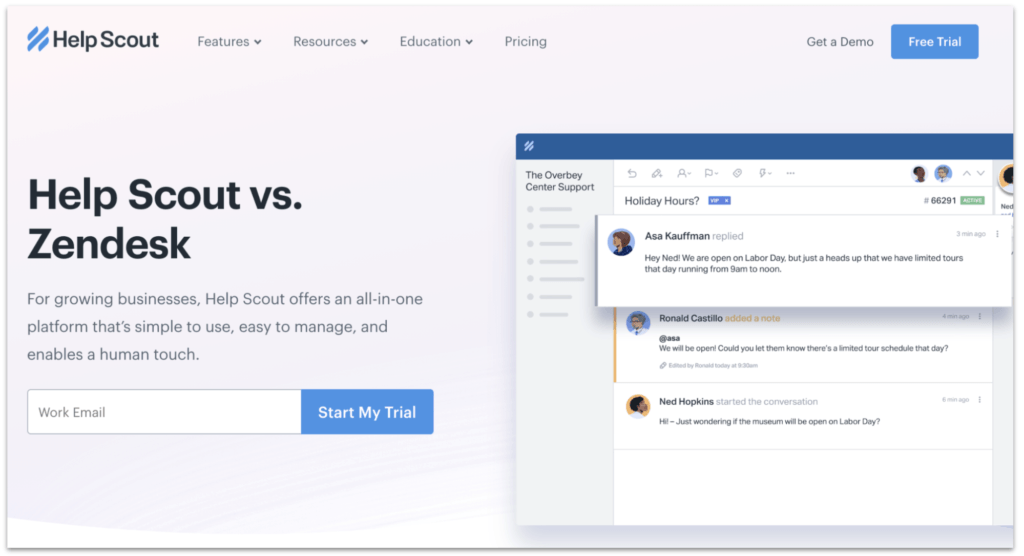 Help Scout vs. Zendesk page