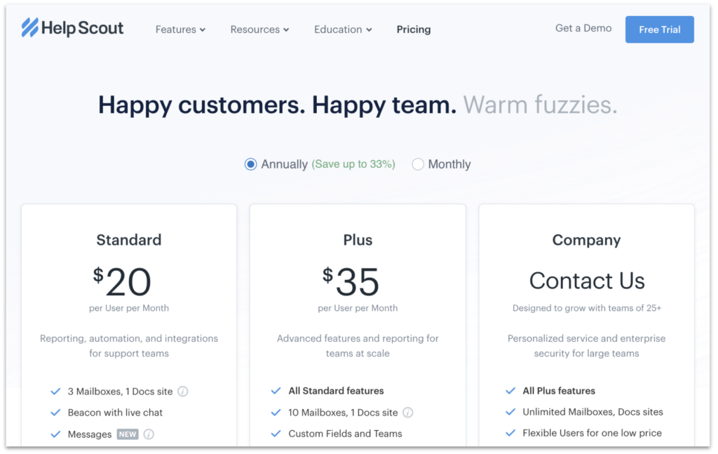 Help Scout pricing page