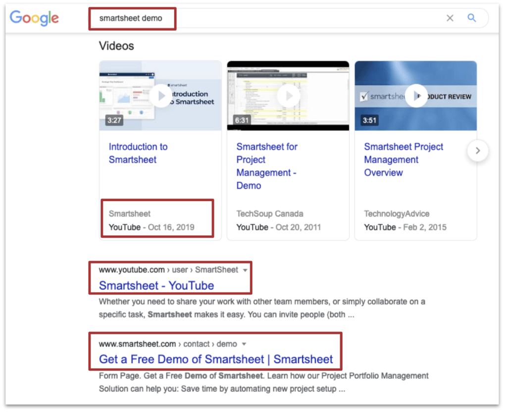 Shartsheet demo in search results