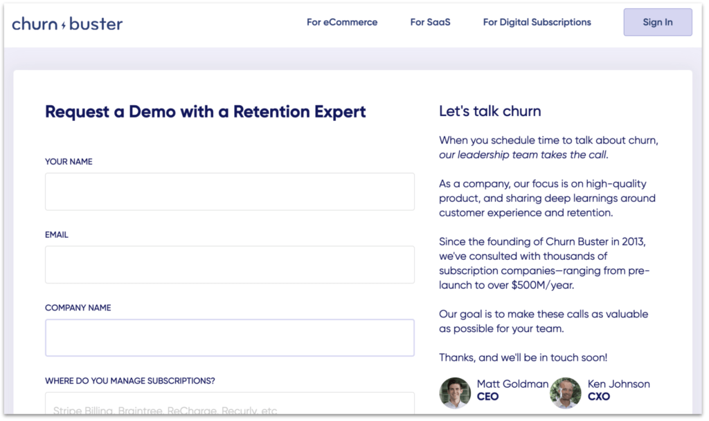 Churn Buster request a demo page