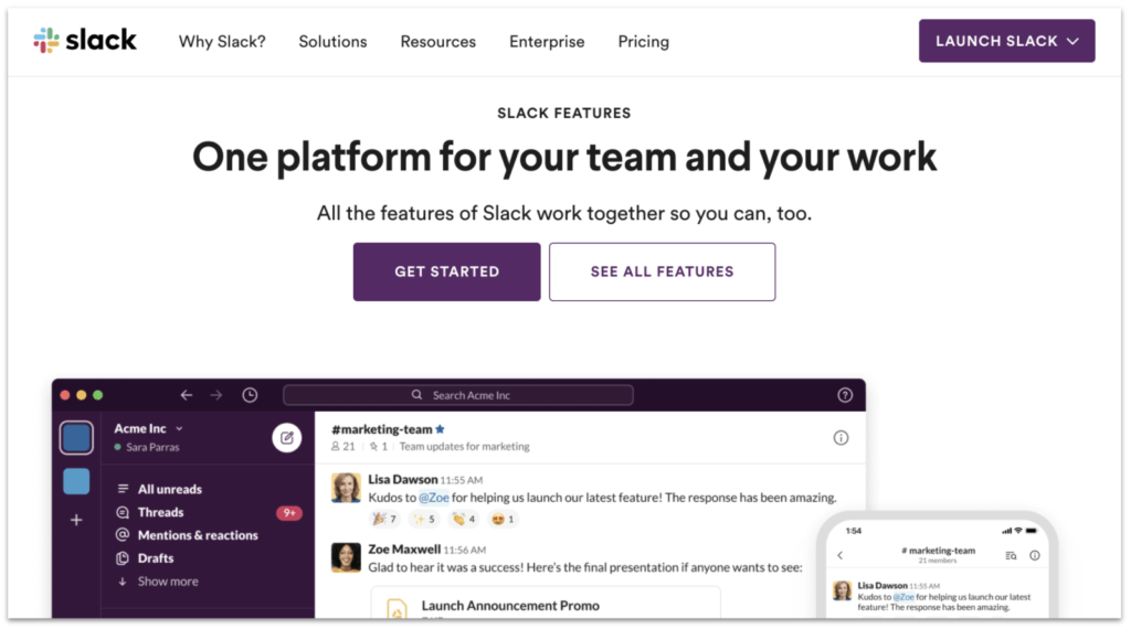 Slack features page