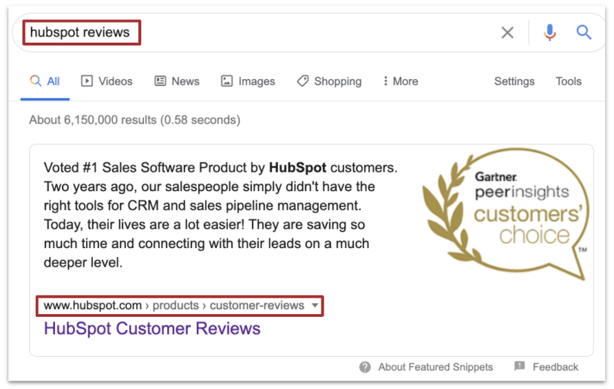 Hubspot reviews featured snippet